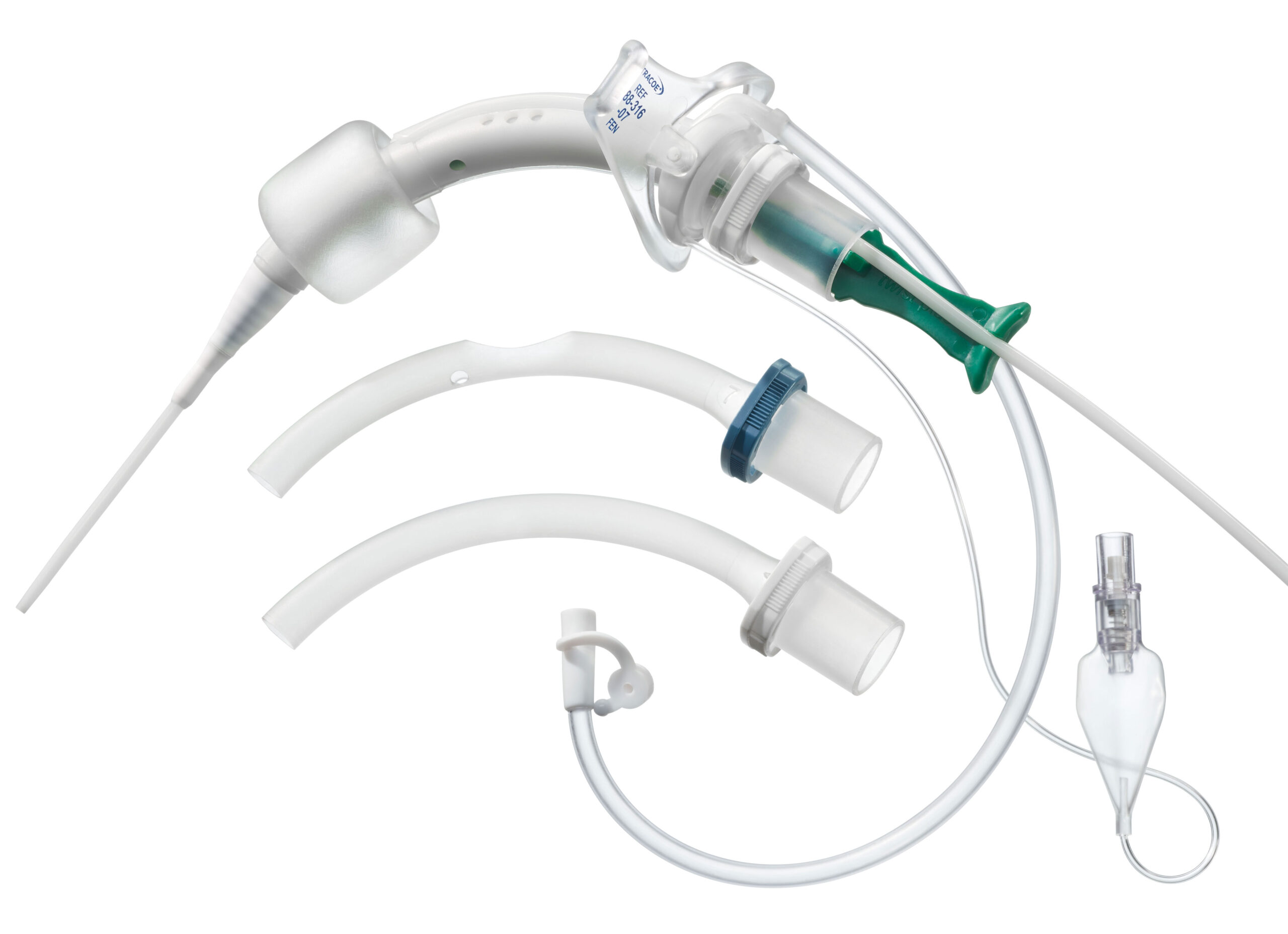 Dilation set + tracheostomy tube with low-pressure cuff, double fenestration, subglottic suction channel and minimally traumatic insertion system