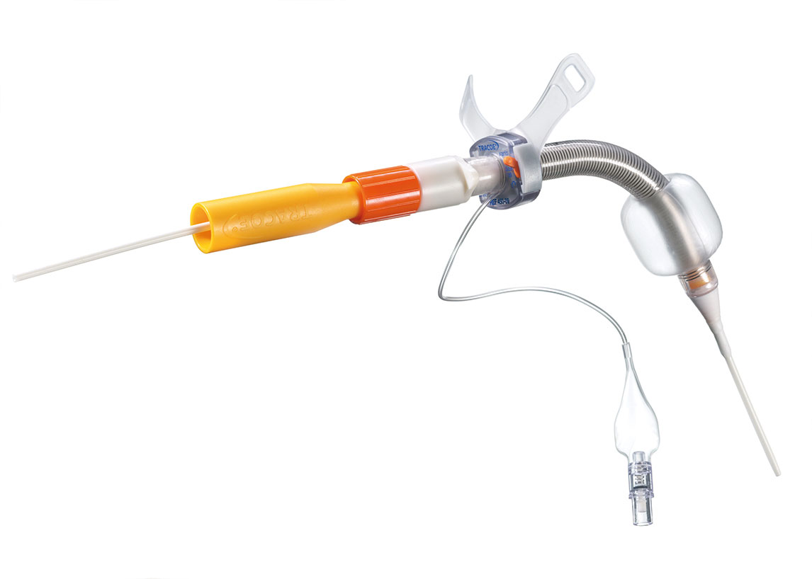 Dilation set + spiral-reinforced tracheostomy tube, with adjustable neck flange, low-pressure cuff and minimally traumatic insertion system