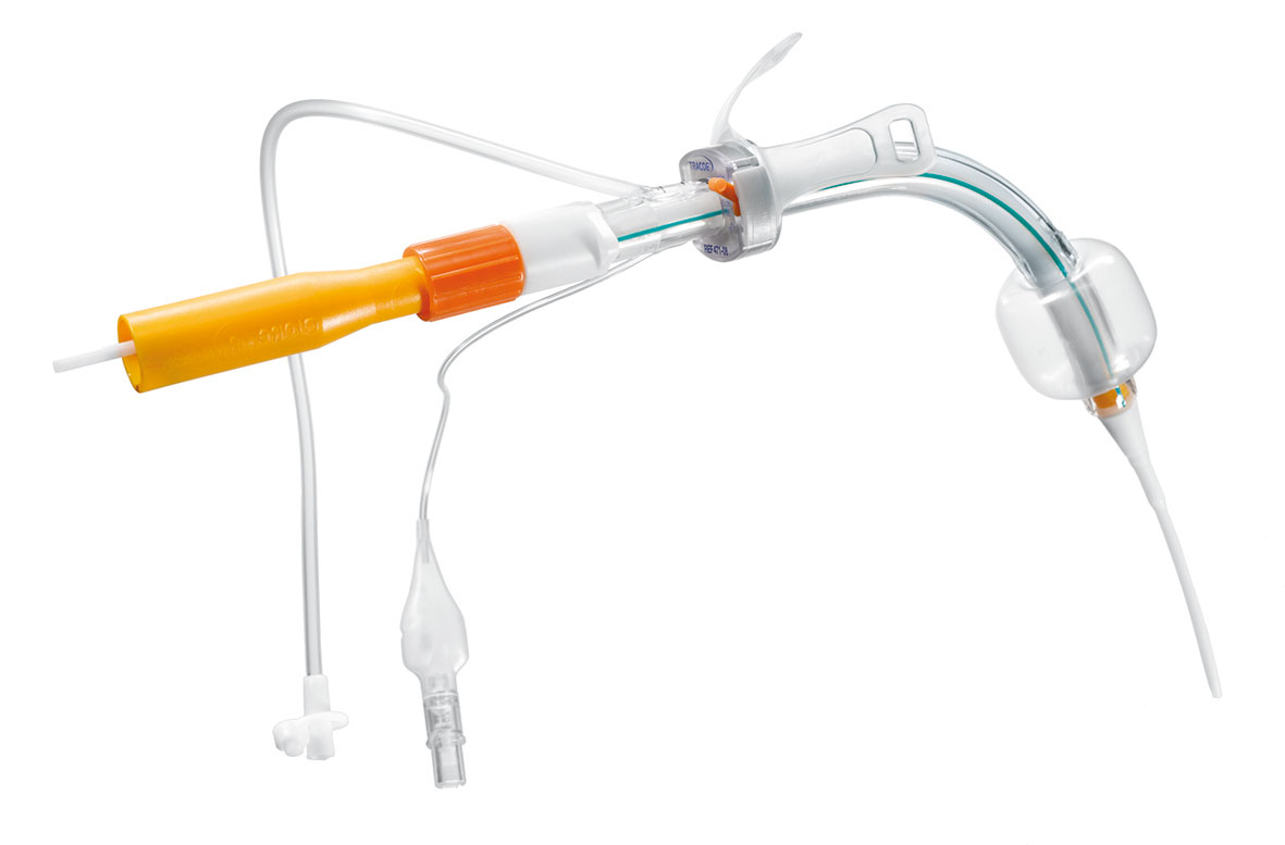 Dilation set + extra-long tracheostomy tube with adjustable neck flange, low-pressure cuff, subglottic suction