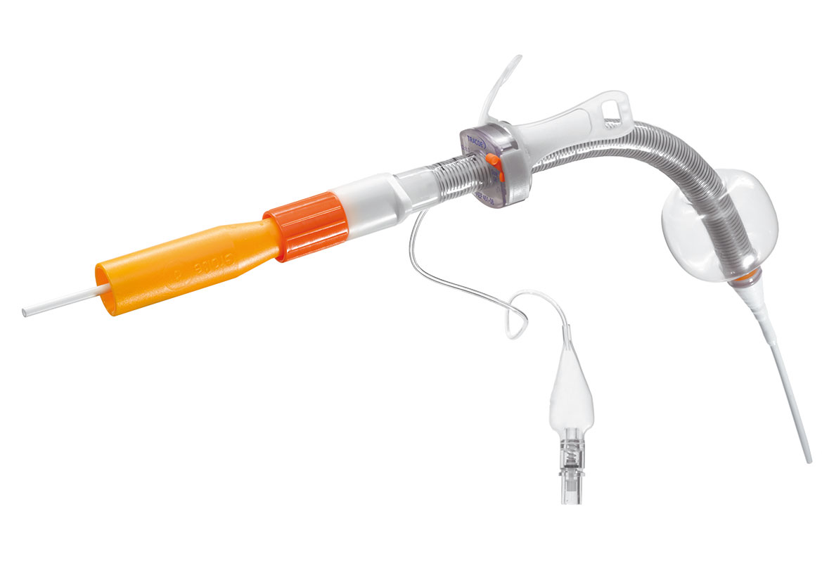 Dilation set + extra-long, spiral-reinforced tracheostomy tube, with adjustable neck flange