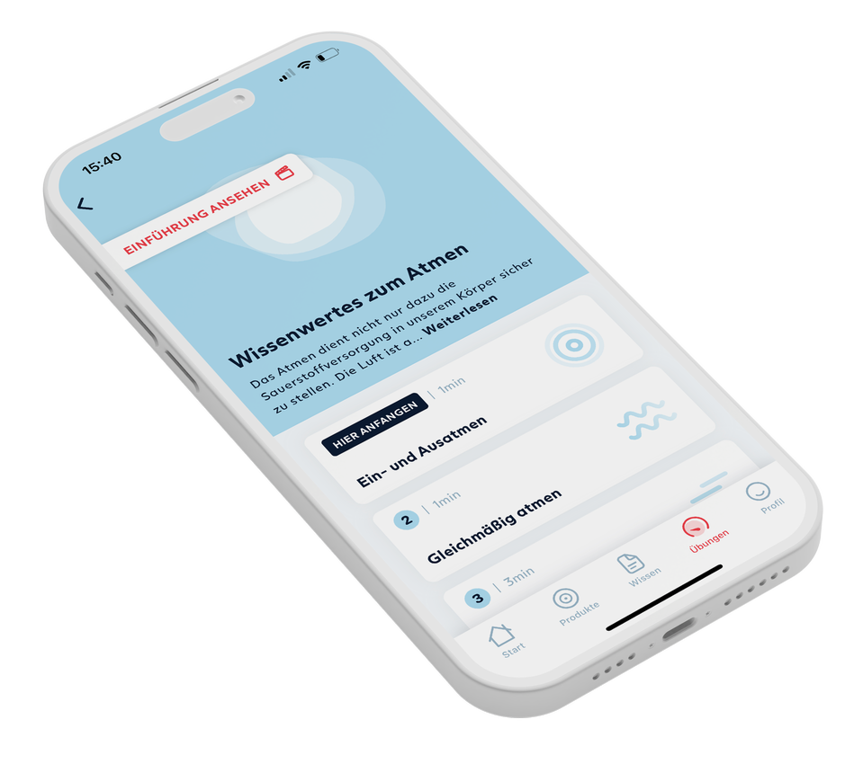 mylife_de_mockup_exercises Atos MyLIfe App mit der Kategorie "Übungen" auf einem Handy dargestellt
